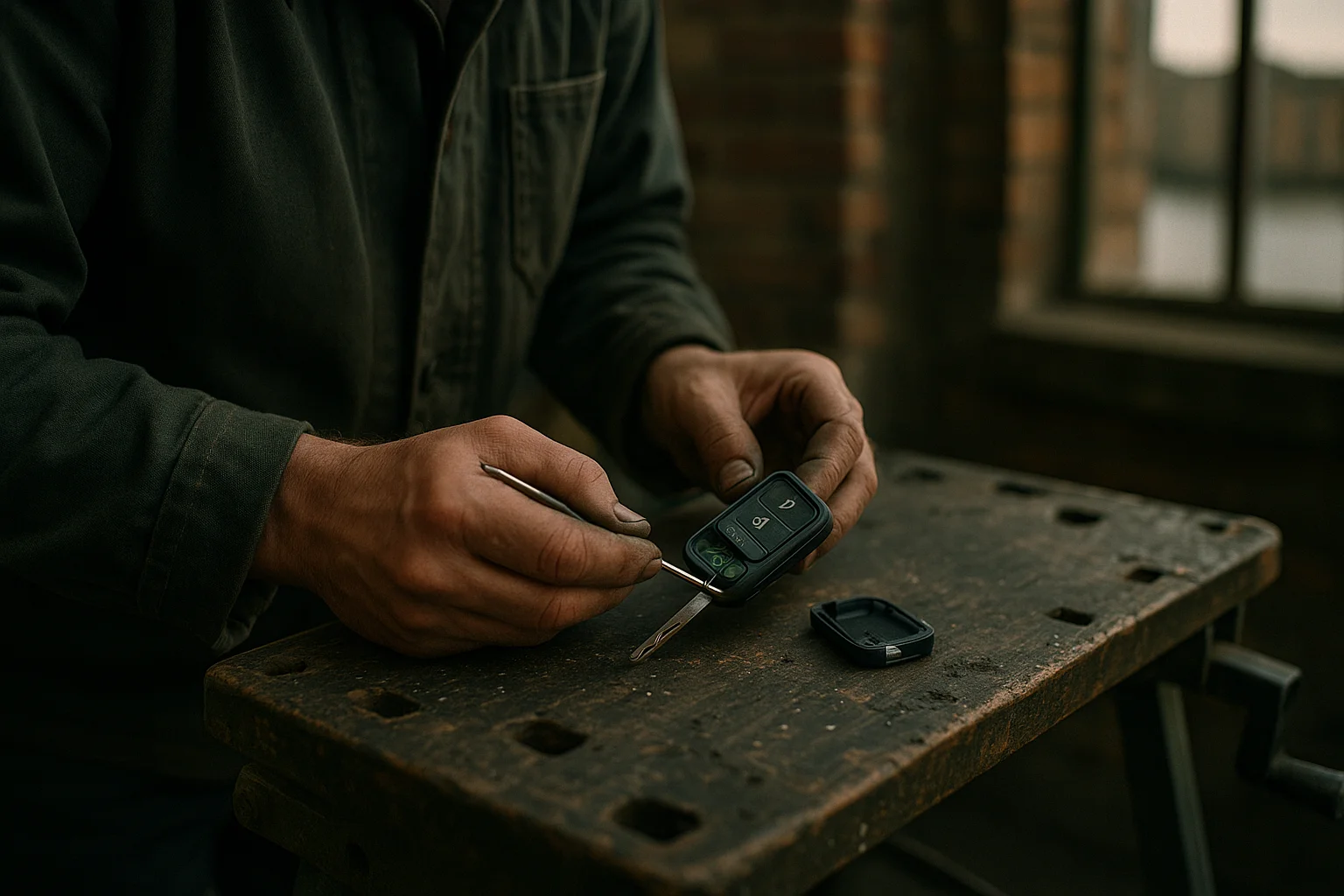 Emergency Vehicle Unlocking Near Me — A close-up of a locksmith repairing a broken car key fob on a portable workbench Emergency Vehicle Unlocking Near Me — A close-up of a locksmith repairing a broken car key fob on a portable workbench